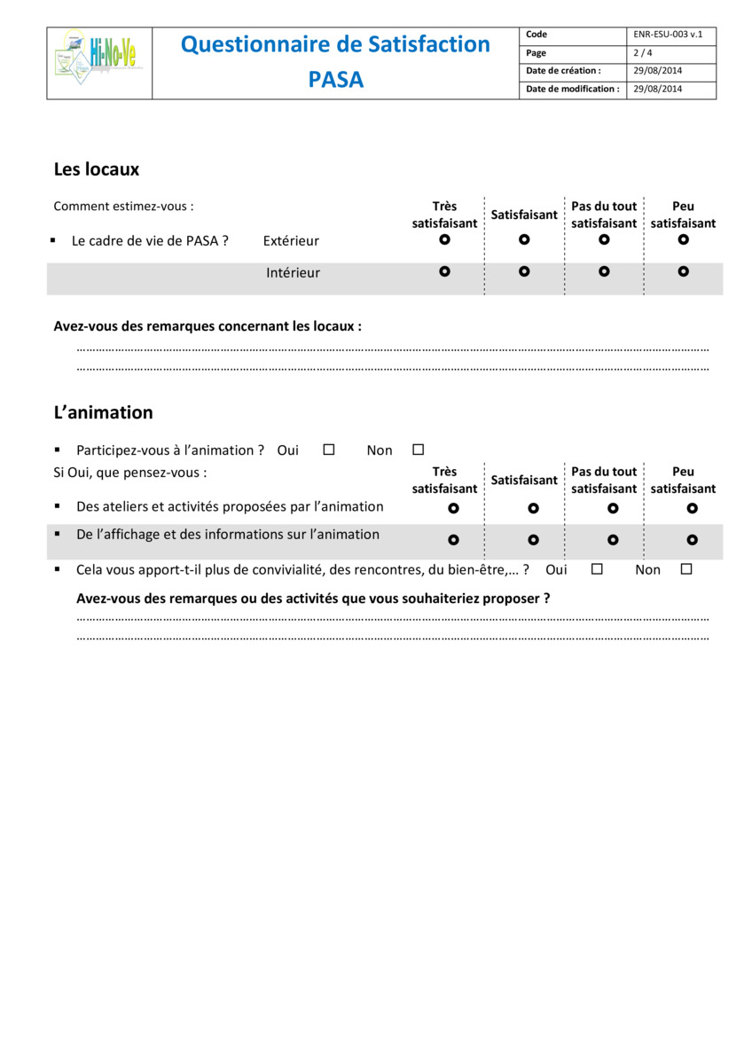 Questionnaire Satisfaction Animation Maison De Retraite ...